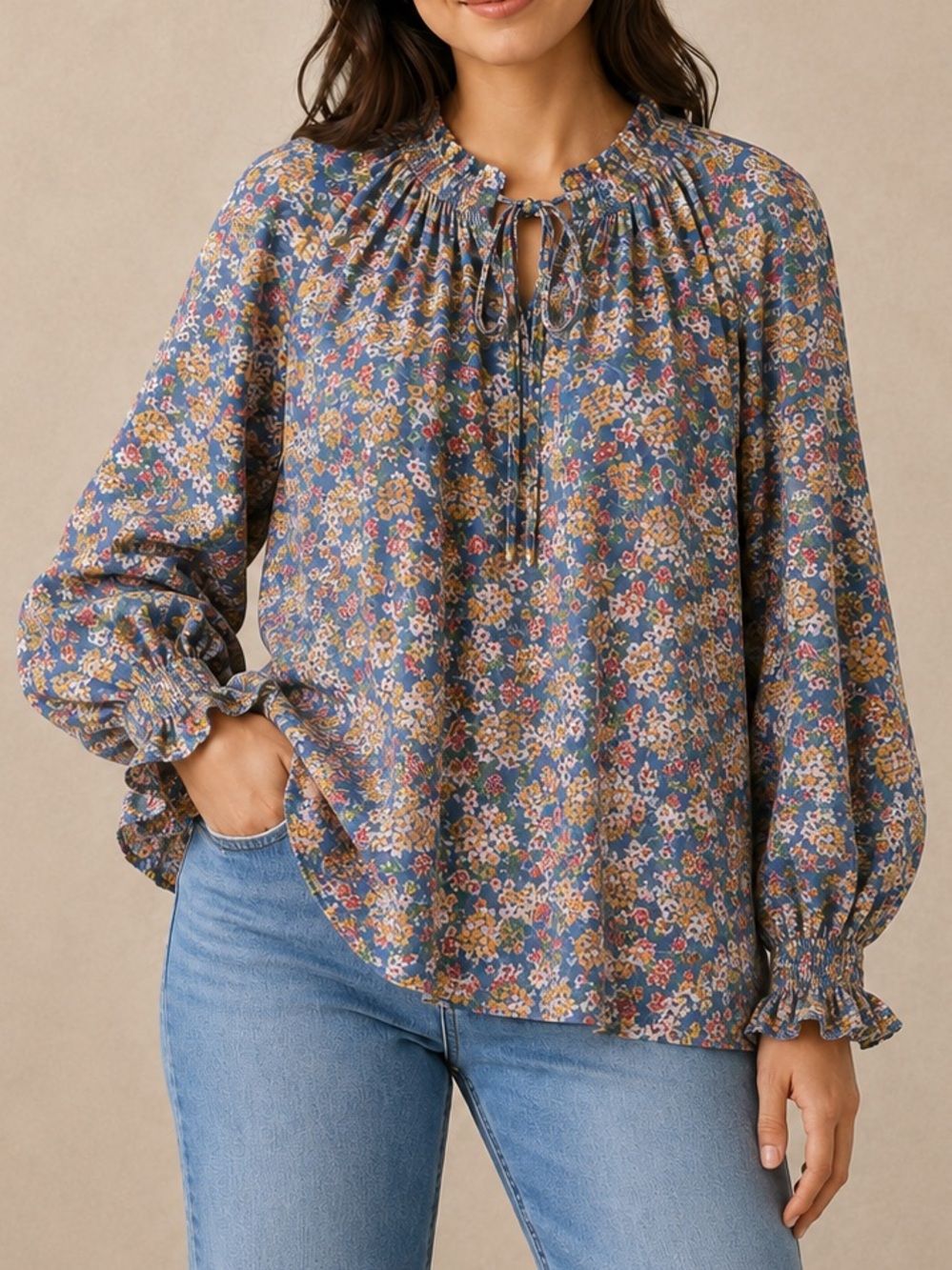 Cynthia Rowley Blue Floral Ruffle Smocked Neck Peasant Blouse Boho Rayon M